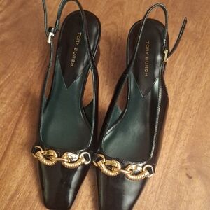 Tory Burch Black Patent Leather Slingback Pumps with Gold Chain